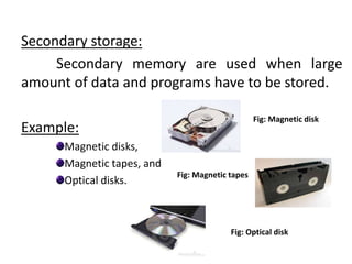 Secondary storage:
Secondary memory are used when large
amount of data and programs have to be stored.
Example:
Magnetic disks,
Magnetic tapes, and
Optical disks.
Fig: Magnetic disk
Fig: Magnetic tapes
Fig: Optical disk
 