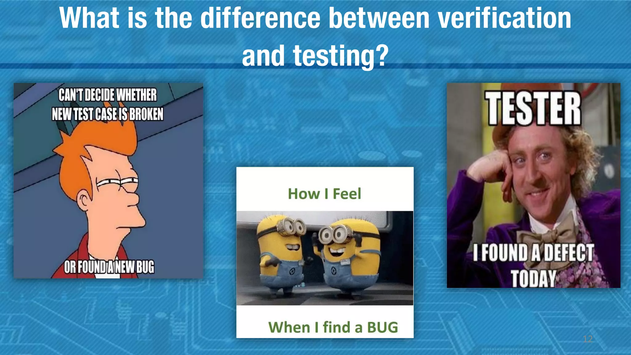 What is the difference between verification
and testing?
12
 