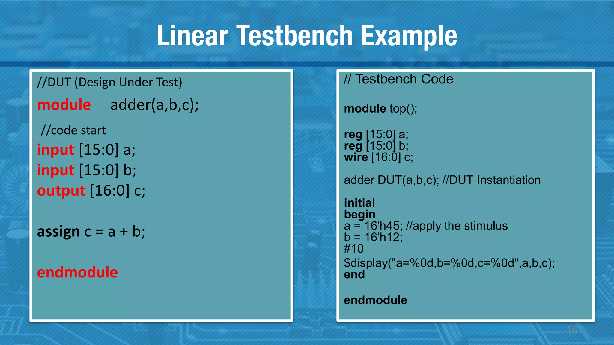 Linear Testbench Example
//DUT (Design Under Test)
module adder(a,b,c);
//code start
input [15:0] a;
input [15:0] b;
output [16:0] c;
assign c = a + b;
endmodule
// Testbench Code
module top();
reg [15:0] a;
reg [15:0] b;
wire [16:0] c;
adder DUT(a,b,c); //DUT Instantiation
initial
begin
a = 16'h45; //apply the stimulus
b = 16'h12;
#10
$display("a=%0d,b=%0d,c=%0d",a,b,c);
end
endmodule
16
 