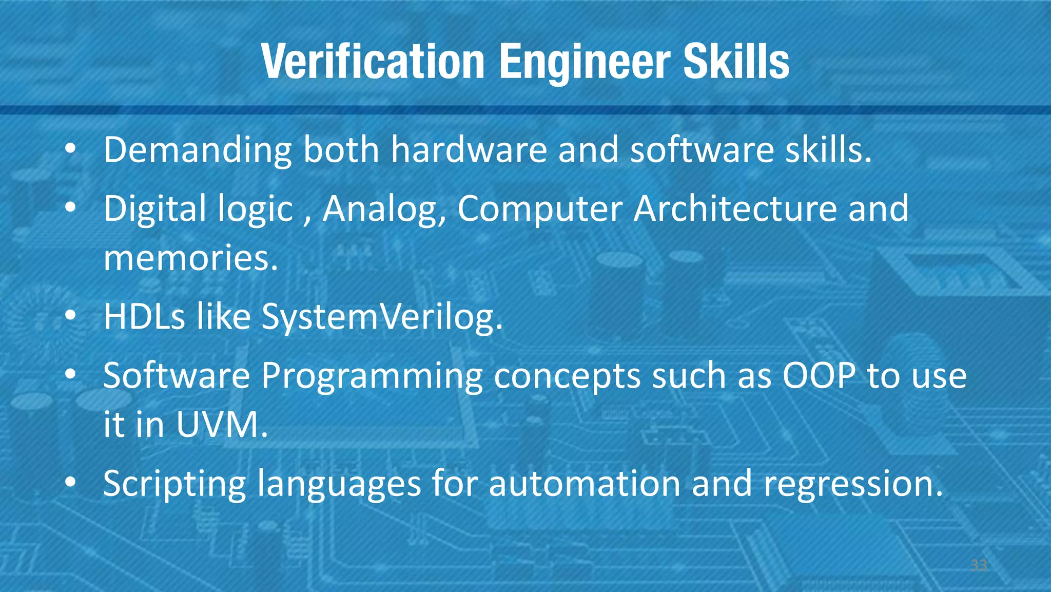 Verification Engineer Skills
• Demanding both hardware and software skills.
• Digital logic , Analog, Computer Architecture and
memories.
• HDLs like SystemVerilog.
• Software Programming concepts such as OOP to use
it in UVM.
• Scripting languages for automation and regression.
33
 