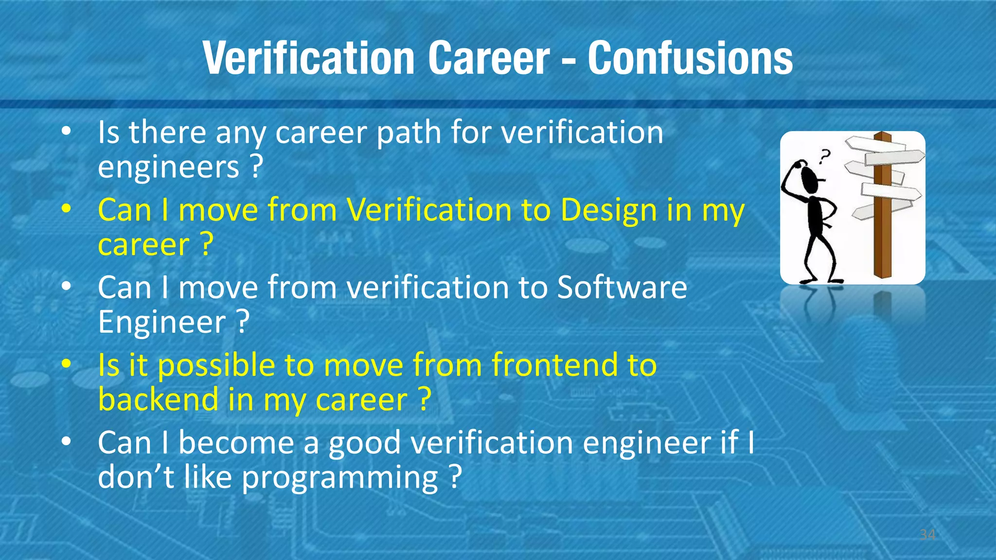 Verification Career - Confusions
34
• Is there any career path for verification
engineers ?
• Can I move from Verification to Design in my
career ?
• Can I move from verification to Software
Engineer ?
• Is it possible to move from frontend to
backend in my career ?
• Can I become a good verification engineer if I
don’t like programming ?
 