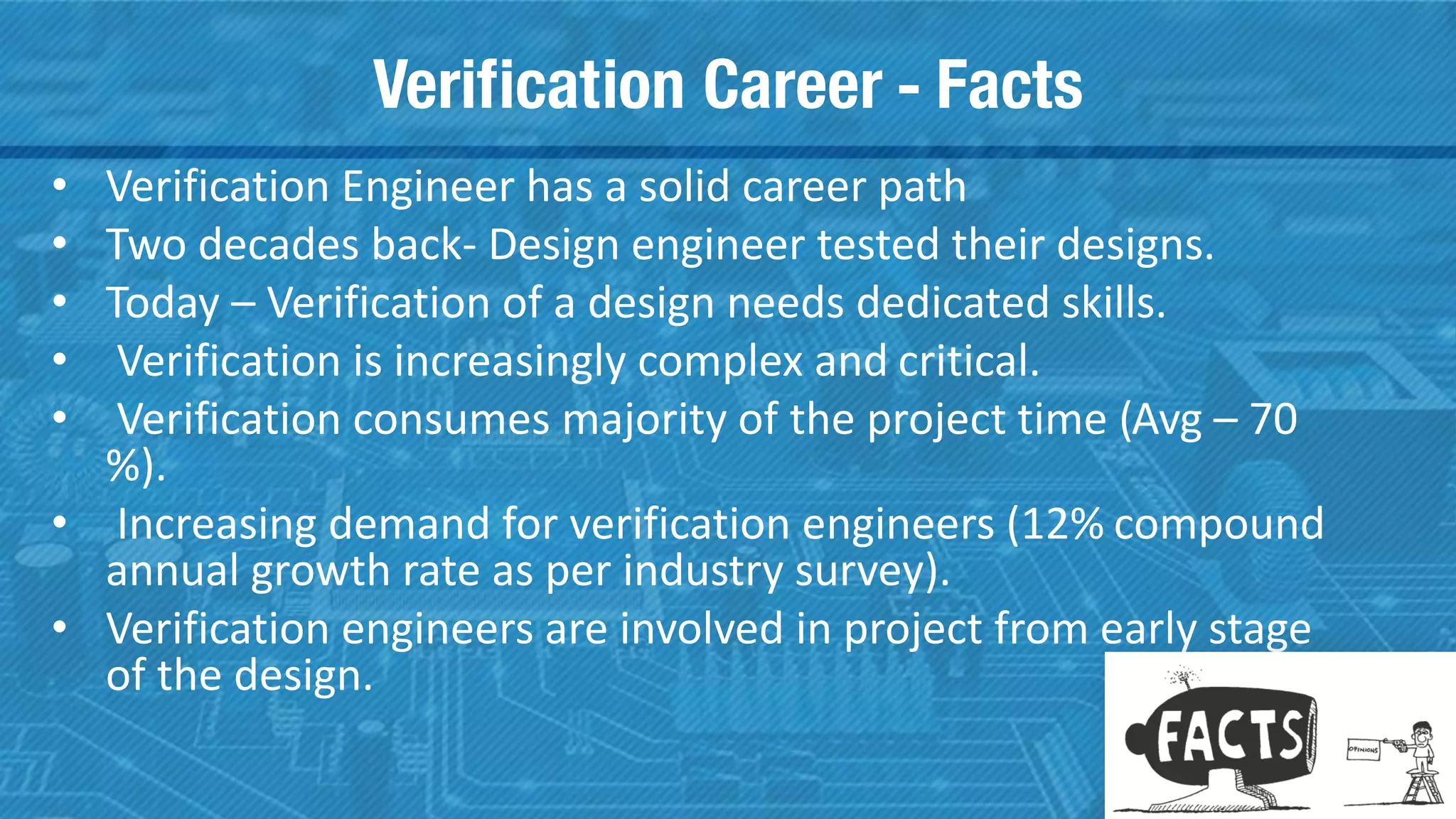 Verification Career - Facts
35
• Verification Engineer has a solid career path
• Two decades back- Design engineer tested their designs.
• Today – Verification of a design needs dedicated skills.
• Verification is increasingly complex and critical.
• Verification consumes majority of the project time (Avg – 70
%).
• Increasing demand for verification engineers (12% compound
annual growth rate as per industry survey).
• Verification engineers are involved in project from early stage
of the design.
 