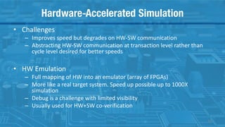 Hardware-Accelerated Simulation
• Challenges
– Improves speed but degrades on HW-SW communication
– Abstracting HW-SW communication at transaction level rather than
cycle level desired for better speeds
• HW Emulation
– Full mapping of HW into an emulator (array of FPGAs)
– More like a real target system. Speed up possible up to 1000X
simulation
– Debug is a challenge with limited visibility
– Usually used for HW+SW co-verification
24
 