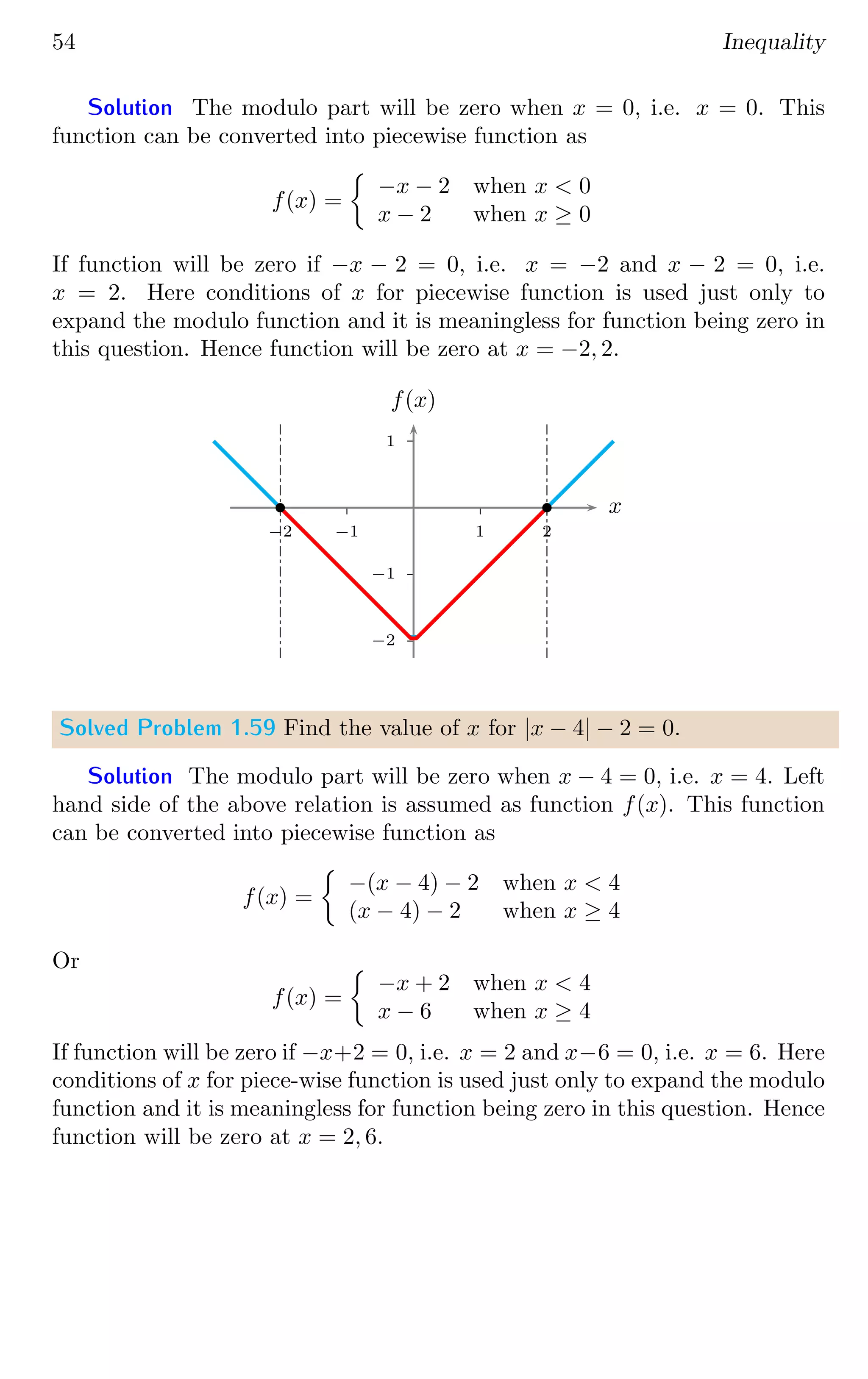 54 Inequality
Solution The modulo part will be zero when x = 0, i.e. x = 0. This
function can be converted into piecewise function as
f(x) =

−x − 2 when x  0
x − 2 when x ≥ 0
If function will be zero if −x − 2 = 0, i.e. x = −2 and x − 2 = 0, i.e.
x = 2. Here conditions of x for piecewise function is used just only to
expand the modulo function and it is meaningless for function being zero in
this question. Hence function will be zero at x = −2, 2.
1
−1
−2
1 2
−1
−2
x
f(x)
b b
Solved Problem 1.59 Find the value of x for |x − 4| − 2 = 0.
Solution The modulo part will be zero when x − 4 = 0, i.e. x = 4. Left
hand side of the above relation is assumed as function f(x). This function
can be converted into piecewise function as
f(x) =

−(x − 4) − 2 when x  4
(x − 4) − 2 when x ≥ 4
Or
f(x) =

−x + 2 when x  4
x − 6 when x ≥ 4
If function will be zero if −x+2 = 0, i.e. x = 2 and x−6 = 0, i.e. x = 6. Here
conditions of x for piece-wise function is used just only to expand the modulo
function and it is meaningless for function being zero in this question. Hence
function will be zero at x = 2, 6.
 