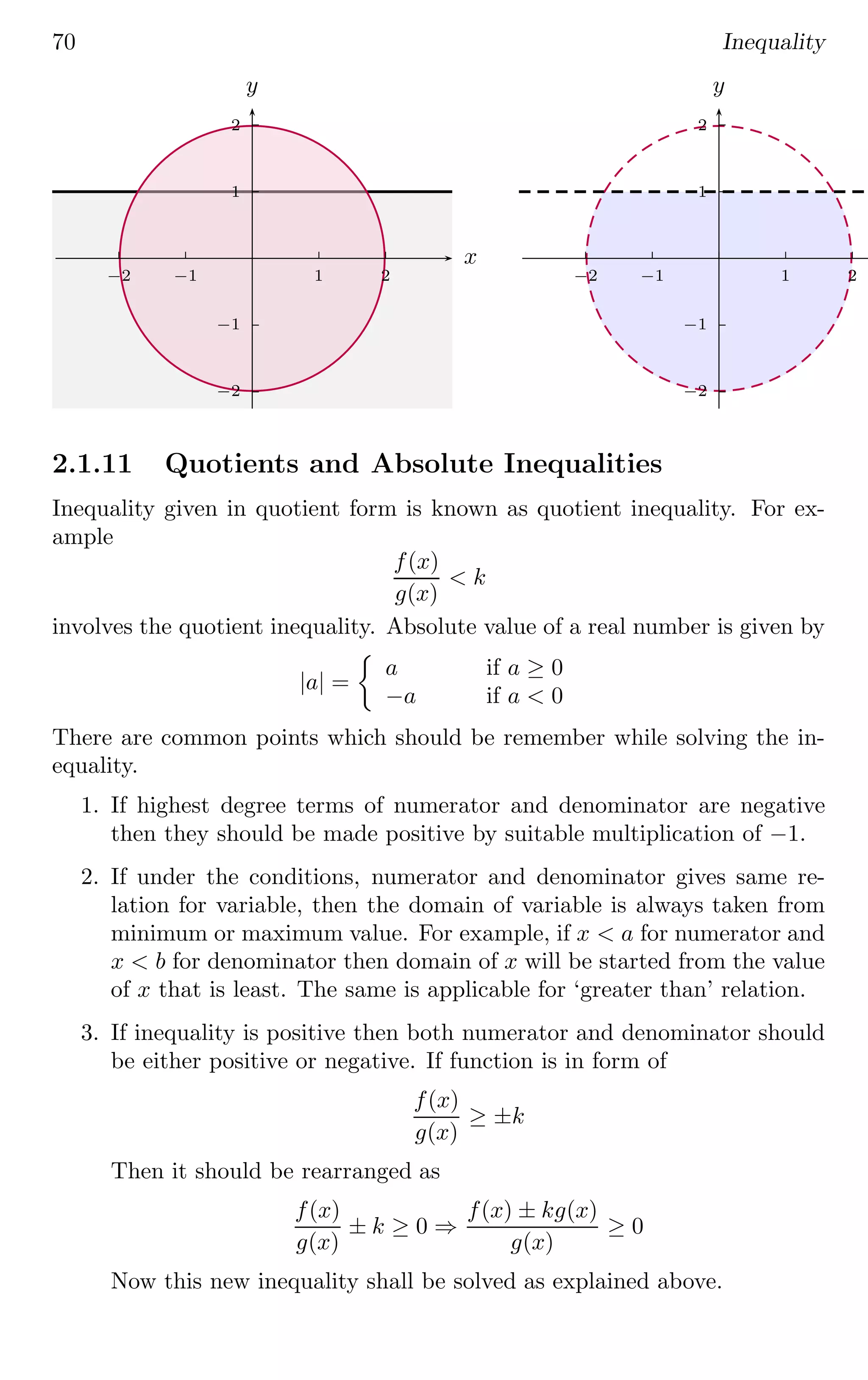 70 Inequality
1
2
−1
−2
1 2
−1
−2
x
y
1
2
−1
−2
1 2
−1
−2
x
y
2.1.11 Quotients and Absolute Inequalities
Inequality given in quotient form is known as quotient inequality. For ex-
ample
f(x)
g(x)
 k
involves the quotient inequality. Absolute value of a real number is given by
|a| =

a if a ≥ 0
−a if a  0
There are common points which should be remember while solving the in-
equality.
1. If highest degree terms of numerator and denominator are negative
then they should be made positive by suitable multiplication of −1.
2. If under the conditions, numerator and denominator gives same re-
lation for variable, then the domain of variable is always taken from
minimum or maximum value. For example, if x  a for numerator and
x  b for denominator then domain of x will be started from the value
of x that is least. The same is applicable for ‘greater than’ relation.
3. If inequality is positive then both numerator and denominator should
be either positive or negative. If function is in form of
f(x)
g(x)
≥ ±k
Then it should be rearranged as
f(x)
g(x)
± k ≥ 0 ⇒
f(x) ± kg(x)
g(x)
≥ 0
Now this new inequality shall be solved as explained above.
 