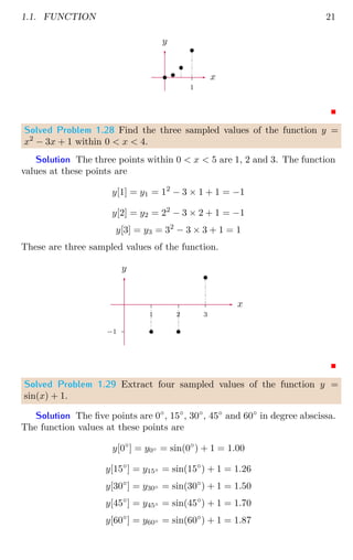 1.1. FUNCTION 21
1
x
y
b
b
b
b
Solved Problem 1.28 Find the three sampled values of the function y =
x2
− 3x + 1 within 0  x  4.
Solution The three points within 0  x  5 are 1, 2 and 3. The function
values at these points are
y[1] = y1 = 12
− 3 × 1 + 1 = −1
y[2] = y2 = 22
− 3 × 2 + 1 = −1
y[3] = y3 = 32
− 3 × 3 + 1 = 1
These are three sampled values of the function.
−1
1 2 3
x
y
b b
b
Solved Problem 1.29 Extract four sampled values of the function y =
sin(x) + 1.
Solution The five points are 0◦
, 15◦
, 30◦
, 45◦
and 60◦
in degree abscissa.
The function values at these points are
y[0◦
] = y0◦ = sin(0◦
) + 1 = 1.00
y[15◦
] = y15◦ = sin(15◦
) + 1 = 1.26
y[30◦
] = y30◦ = sin(30◦
) + 1 = 1.50
y[45◦
] = y45◦ = sin(45◦
) + 1 = 1.70
y[60◦
] = y60◦ = sin(60◦
) + 1 = 1.87
 