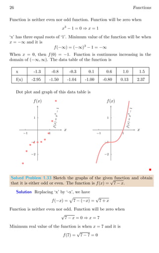 26 Functions
Function is neither even nor odd function. Function will be zero when
x3
− 1 = 0 ⇒ x = 1
‘x’ has three equal roots of ‘1’. Minimum value of the function will be when
x = −∞ and it is
f(−∞) = (−∞)3
− 1 = −∞
When x = 0, then f(0) = −1. Function is continuous increasing in the
domain of (−∞, ∞). The data table of the function is
x -1.3 -0.8 -0.3 0.1 0.6 1.0 1.5
f(x) -2.95 -1.50 -1.04 -1.00 -0.80 0.13 2.37
Dot plot and graph of this data table is
1
−1
−2
1
−1
x
f(x)
b
b
b
b b b
b
b
b
b
f
(
x
)
=
x
3
−
1
1
−1
−2
1
−1
x
f(x)
f
(
x
)
=
x
3
−
1
Solved Problem 1.33 Sketch the graphs of the given function and obtain
that it is either odd or even. The function is f(x) =
√
7 − x.
Solution Replacing ‘x’ by ‘-x’, we have
f(−x) =
p
7 − (−x) =
√
7 + x
Function is neither even nor odd. Function will be zero when
√
7 − x = 0 ⇒ x = 7
Minimum real value of the function is when x = 7 and it is
f(7) =
√
7 − 7 = 0
 