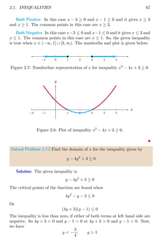 2.1. INEQUALITIES 67
Both Positive In this case x − 3 ≥ 0 and x − 1 ≥ 0 and it gives x ≥ 3
and x ≥ 1. The common points in this case are x ≥ 3.
Both Negative In this case x−3 ≤ 0 and x−1 ≤ 0 and it gives x ≤ 3 and
x ≤ 1. The common points in this case are x ≤ 1. So, the given inequality
is true when x ∈ (−∞, 1] ∪ [3, ∞). The numberlin and plot is given below:
0 1 2 3 4 5
0
−1
b b
Figure 2.7: Numberline representation of x for inequality x2
− 4x + 3 ≥ 0.
1
1 2 3 4 5
−1
−2
x
y
Figure 2.8: Plot of inequality x2
− 4x + 3 ≥ 0.
Solved Problem 2.12 Find the domain of x for the inequality given by
y − 4y2
+ 3 ≥ 0
Solution The given inequality is
y − 4y2
+ 3 ≥ 0
The critical points of the function are found when
4y2
− y − 3 ≤ 0
Or
(4y + 3)(y − 1) ≤ 0
The inequality is less than zero, if either of both terms at left hand side are
negative. So 4y + 3  0 and y − 1  0 or 4y + 3  0 and y − 1  0. Now,
we have
y  −
3
4
; y  1
 