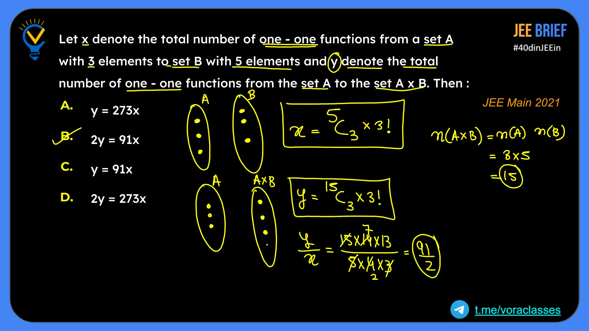 Let x denote the total number of one - one functions from a set A
with 3 elements to set B with 5 elements and y denote the total
number of one - one functions from the set A to the set A x B. Then :
A.
B.
C.
D.
y = 273x
2y = 91x
y = 91x
2y = 273x
JEE Main 2021
 