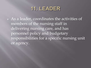  As a leader, coordinates the activities of
members of the nursing staff in
delivering nursing care, and has
personnel policy and budgetary
responsibilities for a specific nursing unit
or agency.
 