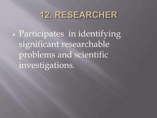  Participates in identifying
significant researchable
problems and scientific
investigations.
 