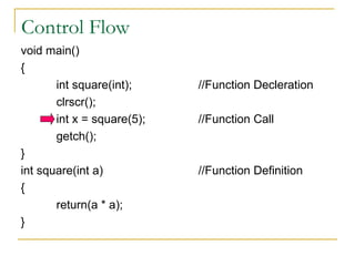 Control Flow void main() { int square(int); //Function Decleration clrscr(); int x = square(5); //Function Call getch(); } int square(int a) //Function Definition { return(a * a); } 