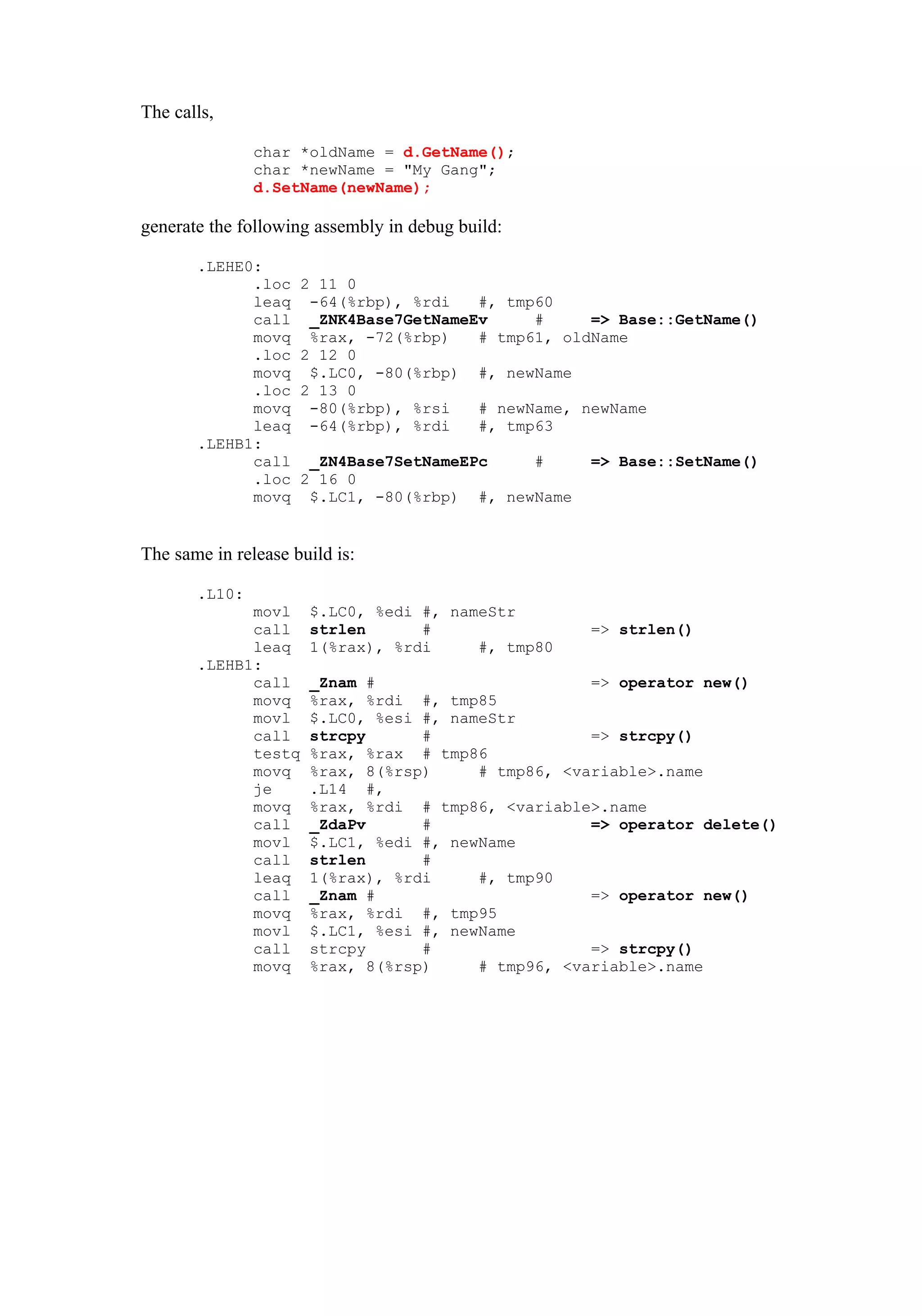The calls,

               char *oldName = d.GetName();
               char *newName = "My Gang";
               d.SetName(newName);

generate the following assembly in debug build:

       .LEHE0:
             .loc    2 11 0
             leaq     -64(%rbp), %rdi   #, tmp60
             call     _ZNK4Base7GetNameEv     #     => Base::GetName()
             movq     %rax, -72(%rbp)   # tmp61, oldName
             .loc    2 12 0
             movq     $.LC0, -80(%rbp) #, newName
             .loc    2 13 0
             movq     -80(%rbp), %rsi   # newName, newName
             leaq     -64(%rbp), %rdi   #, tmp63
       .LEHB1:
             call     _ZN4Base7SetNameEPc    #      => Base::SetName()
             .loc    2 16 0
             movq     $.LC1, -80(%rbp) #, newName


The same in release build is:

       .L10:
             movl     $.LC0, %edi #, nameStr
             call     strlen      #                 => strlen()
             leaq     1(%rax), %rdi     #, tmp80
       .LEHB1:
             call     _Znam #                       => operator new()
             movq     %rax, %rdi #, tmp85
             movl     $.LC0, %esi #, nameStr
             call     strcpy      #                 => strcpy()
             testq    %rax, %rax # tmp86
             movq     %rax, 8(%rsp)     # tmp86, <variable>.name
             je       .L14 #,
             movq     %rax, %rdi # tmp86, <variable>.name
             call     _ZdaPv      #                 => operator delete()
             movl     $.LC1, %edi #, newName
             call     strlen      #
             leaq     1(%rax), %rdi     #, tmp90
             call     _Znam #                       => operator new()
             movq     %rax, %rdi #, tmp95
             movl     $.LC1, %esi #, newName
             call     strcpy      #                 => strcpy()
             movq     %rax, 8(%rsp)     # tmp96, <variable>.name
 