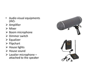 • Audio visual equipments
(AV)-
 Amplifier
 Mixer
 Boom microphone
 Dimmer switch
 Equalizer
 Flipchart
 House lights
 House sound
 Lavalier microphone –
attached to the speaker
 