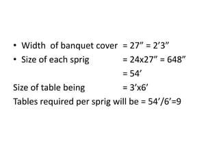 • Width of banquet cover = 27” = 2’3”
• Size of each sprig = 24x27” = 648”
= 54’
Size of table being = 3’x6’
Tables required per sprig will be = 54’/6’=9
 