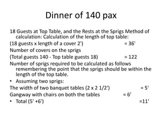 Dinner of 140 pax
18 Guests at Top Table, and the Rests at the Sprigs Method of
calculation: Calculation of the length of top table:
(18 guests x length of a cover 2') = 36'
Number of covers on the sprigs
(Total guests 140 - Top table guests 18) = 122
Number of sprigs required to be calculated as follows
remembering the point that the sprigs should be within the
length of the top table.
• Assuming two sprigs:
The width of two banquet tables (2 x 2 1/2') = 5'
Gangway with chairs on both the tables = 6'
• Total (5' +6') =11'
 