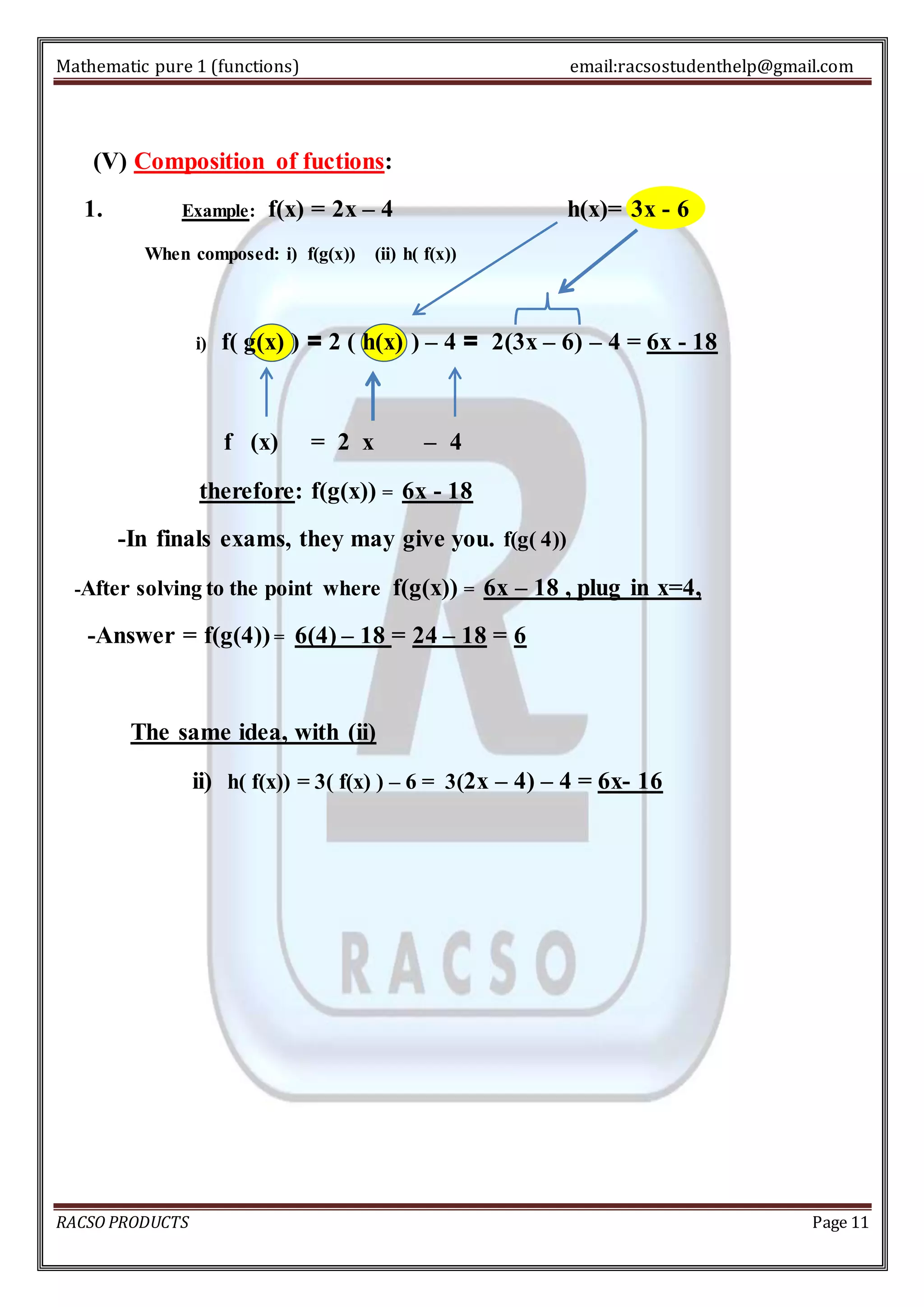 Mathematic pure 1 (functions) email:racsostudenthelp@gmail.com 
(V) Composition of fuctions: 
1. Example: f(x) = 2x – 4 h(x)= 3x - 6 
When composed: i) f(g(x)) (ii) h( f(x)) 
i) f( g(x) ) = 2 ( h(x) ) – 4 = 2(3x – 6) – 4 = 6x - 18 
f (x) = 2 x – 4 
therefore: f(g(x)) = 6x - 18 
-In finals exams, they may give you. f(g( 4)) 
-After solving to the point where f(g(x)) = 6x – 18 , plug in x=4, 
-Answer = f(g(4)) = 6(4) – 18 = 24 – 18 = 6 
The same idea, with (ii) 
ii) h( f(x)) = 3( f(x) ) – 6 = 3(2x – 4) – 4 = 6x- 16 
RACSO PRODUCTS Page 11 
 