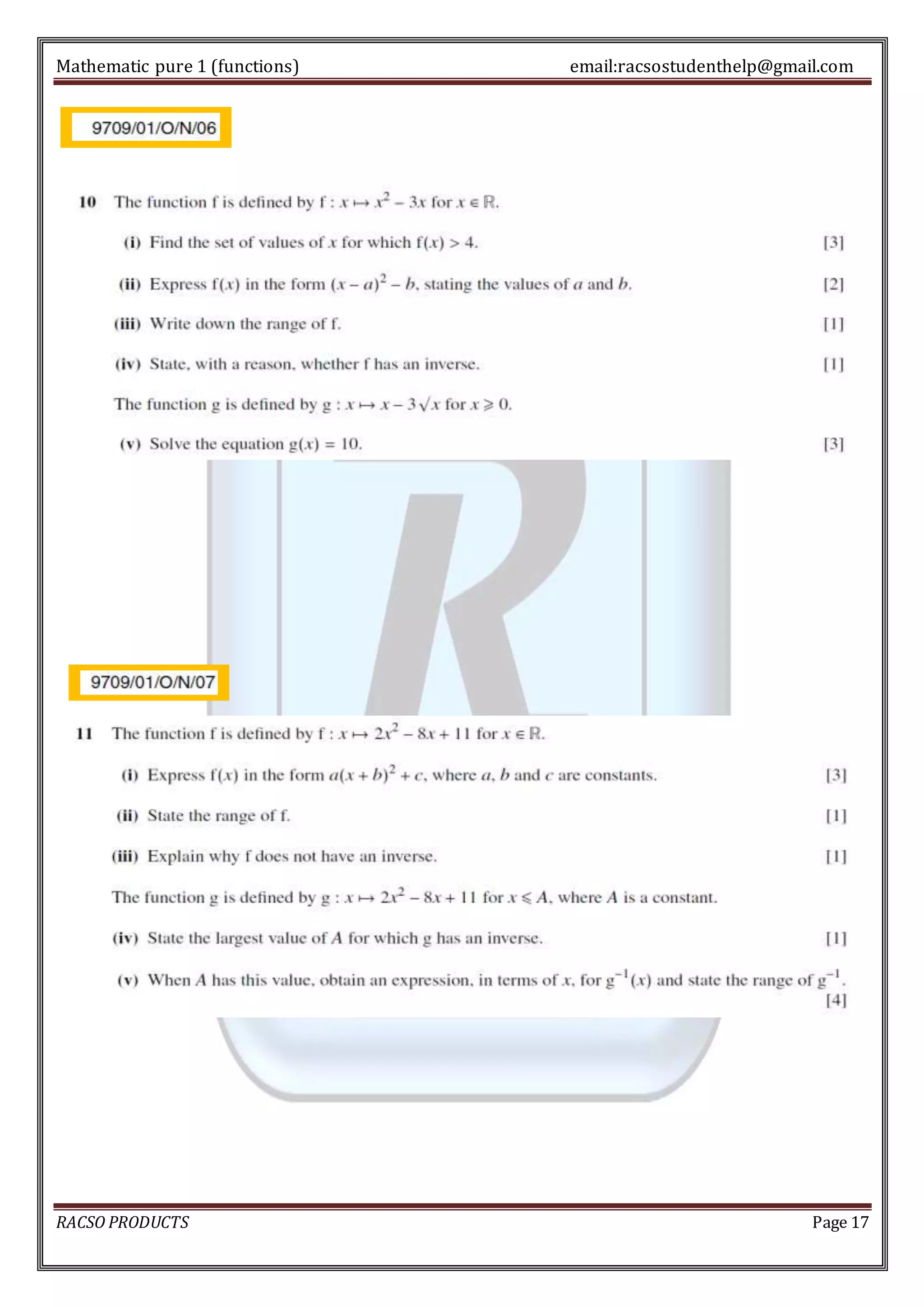 Mathematic pure 1 (functions) email:racsostudenthelp@gmail.com 
RACSO PRODUCTS Page 17 
 