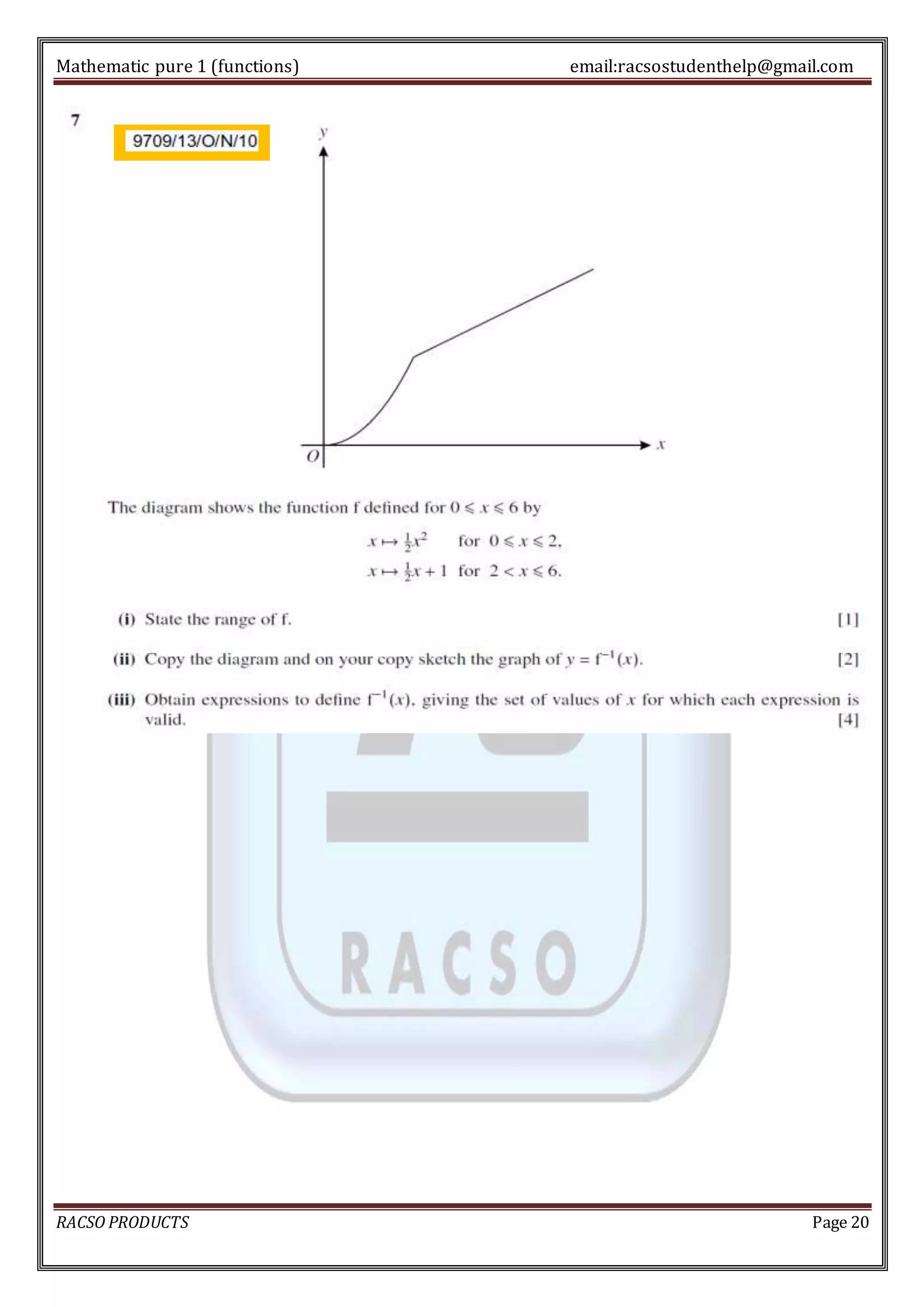 Mathematic pure 1 (functions) email:racsostudenthelp@gmail.com 
RACSO PRODUCTS Page 20 
 