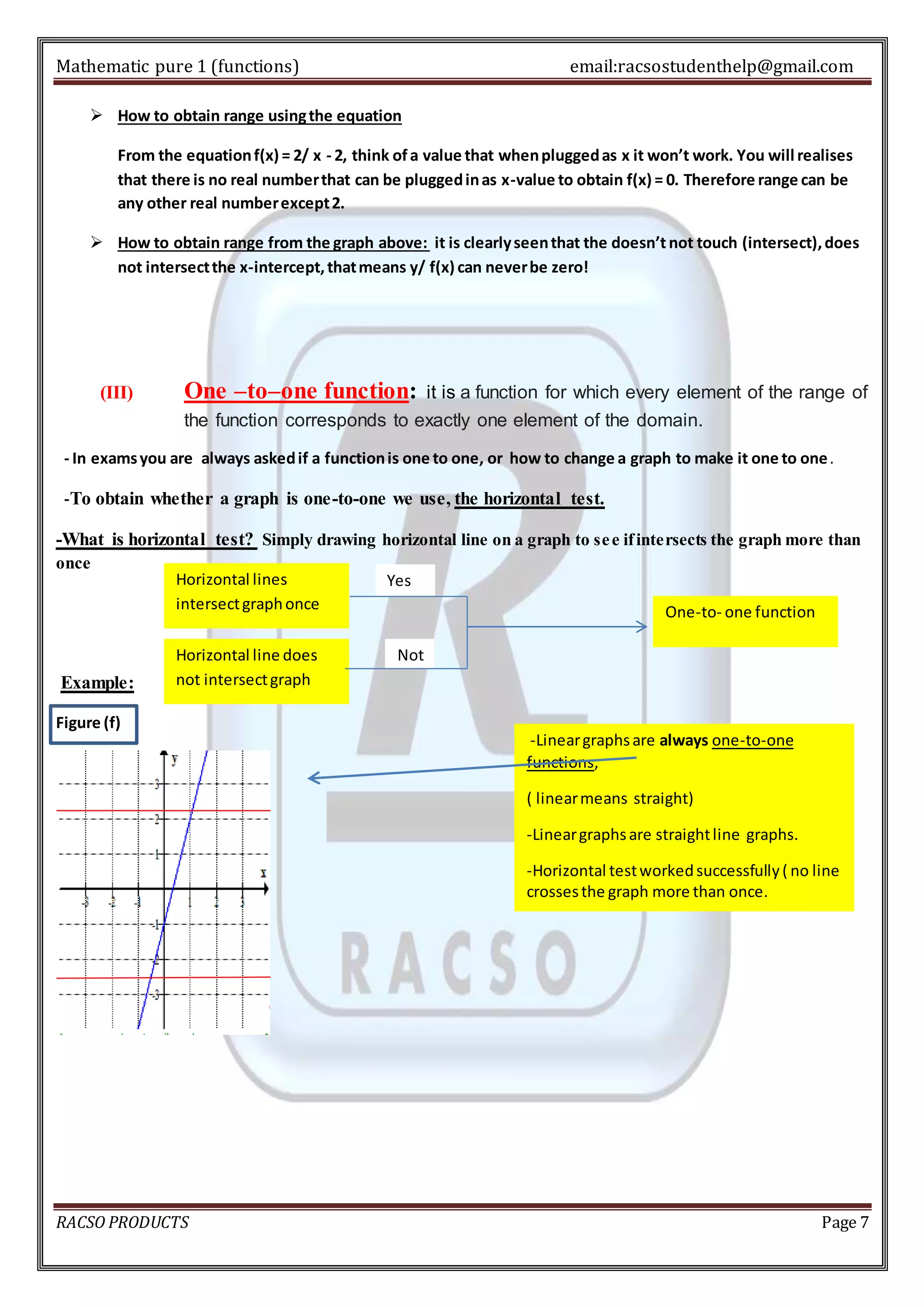 Mathematic pure 1 (functions) email:racsostudenthelp@gmail.com 
 How to obtain range using the equation 
From the equation f(x) = 2/ x - 2, think of a value that when plugged as x it won’t work. You will realises 
that there is no real number that can be plugged in as x-value to obtain f(x) = 0. Therefore range can be 
any other real number except 2. 
 How to obtain range from the graph above: it is clearly seen that the doesn’t not touch (intersect), does 
not intersect the x-intercept, that means y/ f(x) can never be zero! 
(III) One –to–one function: it is a function for which every element of the range of 
the function corresponds to exactly one element of the domain. 
- In exams you are always asked if a function is one to one, or how to change a graph to make it one to one. 
-To obtain whether a graph is one-to-one we use, the horizontal test. 
-What is horizontal test? Simply drawing horizontal line on a graph to se e if intersects the graph more than 
once 
Example: 
Figure (f) 
One-to- one function 
-Linear graphs are always one-to-one 
functions, 
( linear means straight) 
-Linear graphs are straight line graphs. 
-Horizontal test worked successfully ( no line 
crosses the graph more than once. 
Horizontal lines 
intersect graph once 
Horizontal line does 
not intersect graph 
once 
Yes 
Not 
RACSO PRODUCTS Page 7 
 