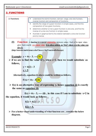 Mathematic pure 1 (functions) email:racsostudenthelp@gmail.com 
2. FUNCTIONS 
(I) Function: A function is a special relationship between values: Each of its input values 
gives back exactly one output value. It is often written as "f(x)" where x is the value you 
give it. 
(http://tutorial.math.lamar.edu/Classes/Alg/FunctionDefn.aspx) 
Example: y = 4x - 3. ---- (i) 
 if we are to find the value of y, when x=2, then we would substitute as 
follows, 
y = 4(2) - 3 
y = 5 
Alternatively, equation (i) above could be written as follows, 
F(x) = 4x - 3-(ii) 
 f(x) is an alternative way of expressing y, hence equation (i) is exactly 
the same as equation (ii) 
f(x) = 4x - 3, ---- (ii) , in this case if I am to substitute x=2 in 
the equation, it would look as follows: 
f(2) = 4(2) - 3 
f(2) = 5. 
 For a better visual understanding of what functons are , consider the below 
diagram. 
RACSO PRODUCTS Page 1 
 