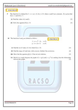 Mathematic pure 1 (functions) email:racsostudenthelp@gmail.com 
RACSO PRODUCTS Page 15 
 
