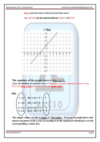 Mathematic pure 1 (functions) email:racsostudenthelp@gmail.com 
y=f(x) 
The equation of the graph above is f(x) = x +2. 
From the definition of a function above “A function is a special relationship between values: 
Each of its input values gives back exactly one output value” 
-when 
x = (1) f(1) = (1) + 2 = 3 
X = (2) f(2) = (2) + 2 = 4 
X =(-1) f(-1) = (2) + 2 = 4 
X =(-2) f(-2) = (2) + 2 = 4 
- The output values are the y-values or f(x)-values , if you go to graph above and 
choose any point on the x-axis, if you plug it in the equation it should give you the 
corresponding y-value/ f(x). 
RACSO PRODUCTS Page 2 
 