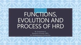 C
FUNCTIONS,
EVOLUTION AND
PROCESS OF HRD
By Greeshma K,
Research Scholar (JRF),
Sri Venkateswara University.
 