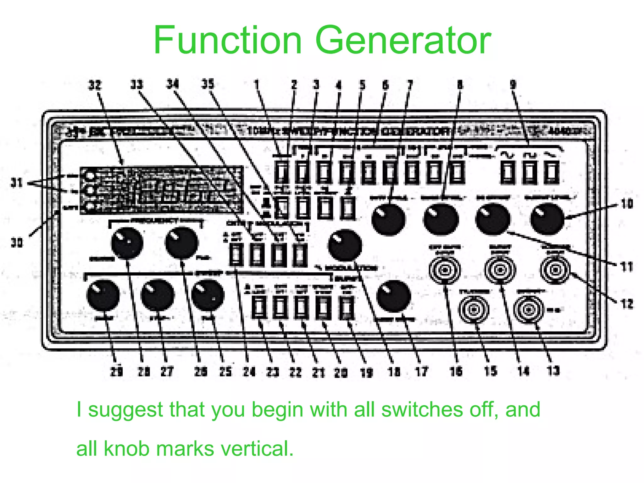 Function Generator
I suggest that you begin with all switches off, and
all knob marks vertical.
 