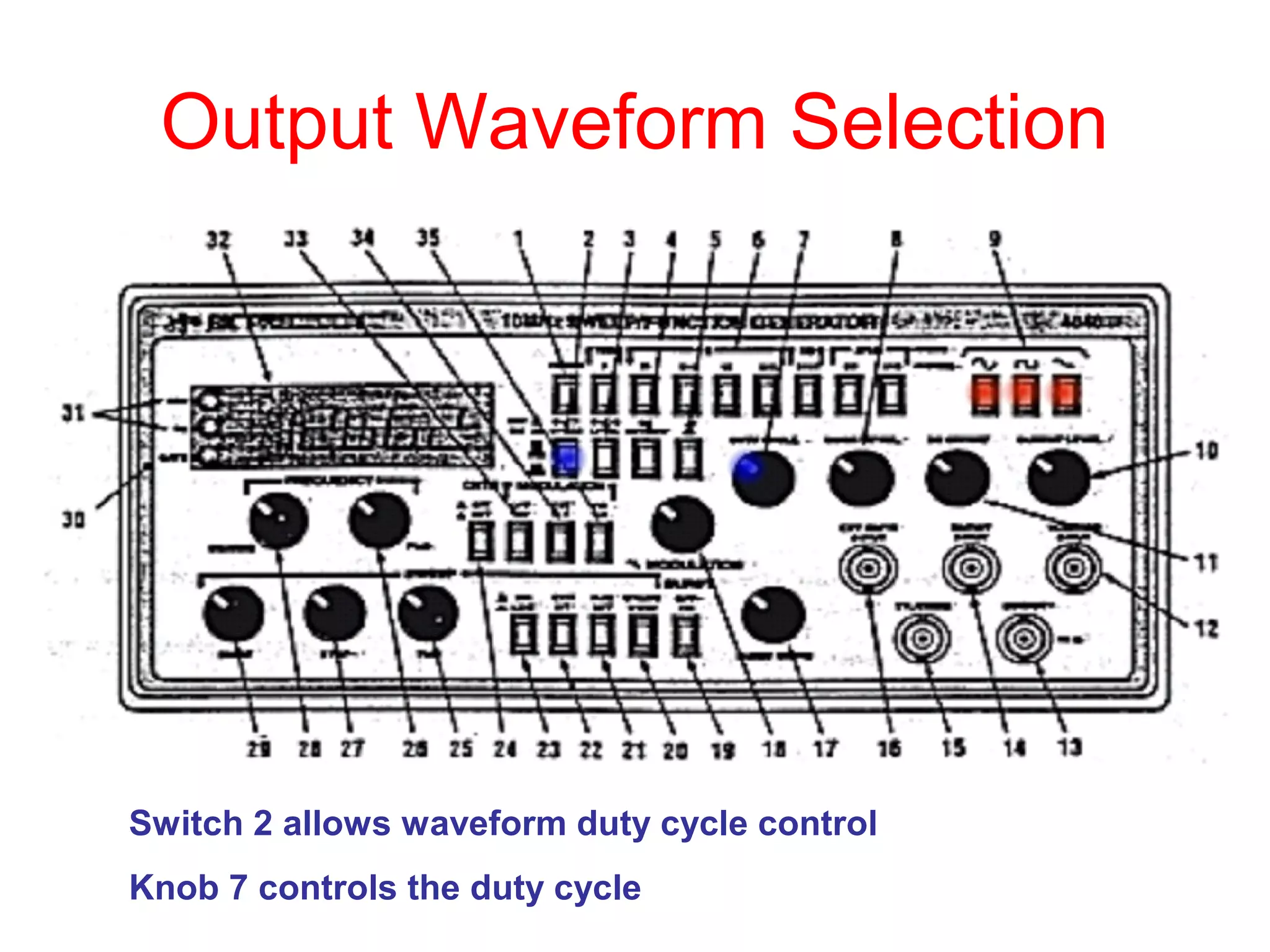 Output Waveform Selection
Switch 2 allows waveform duty cycle control
Knob 7 controls the duty cycle
 