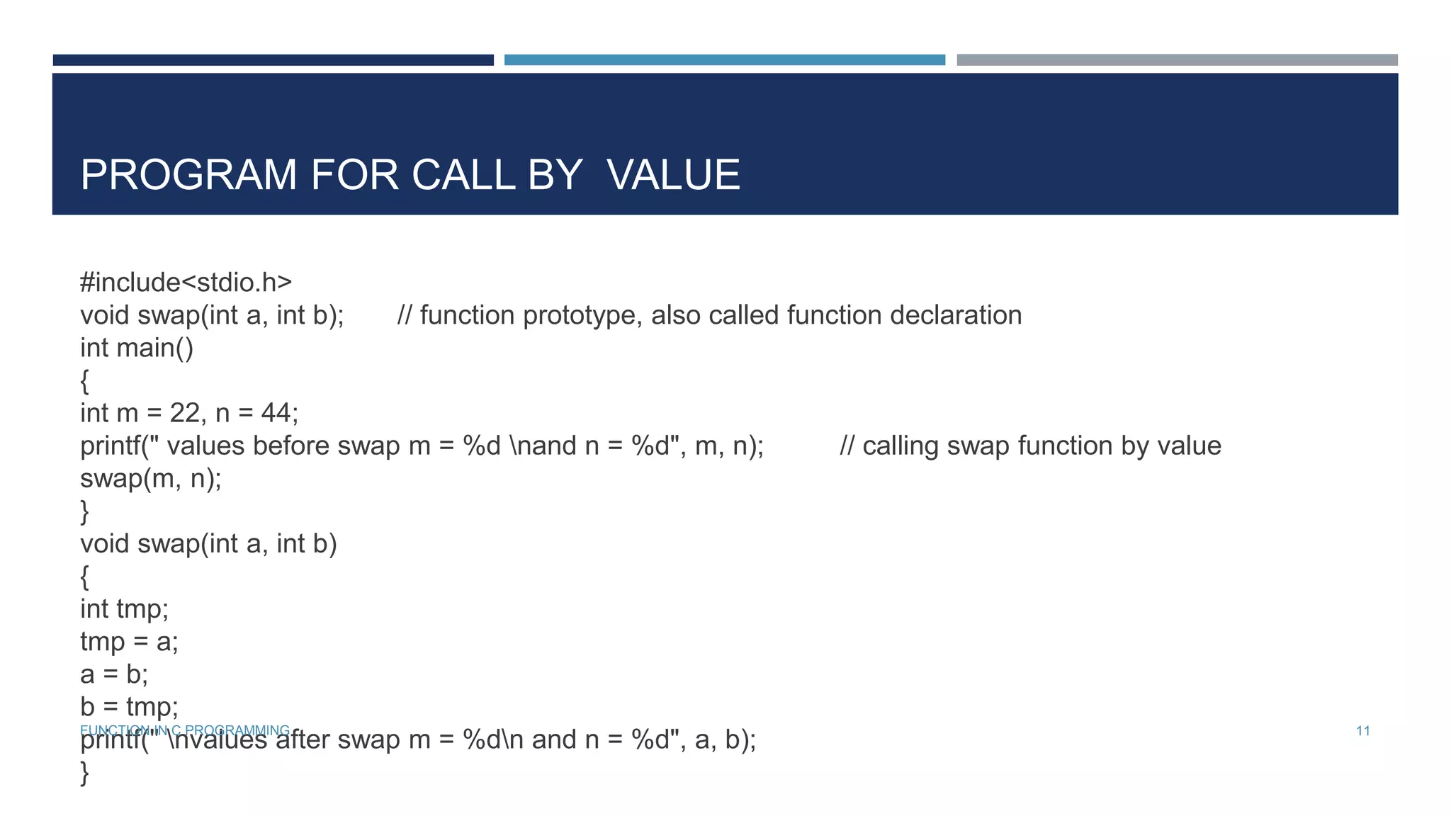 PROGRAM FOR CALL BY VALUE
#include<stdio.h>
void swap(int a, int b); // function prototype, also called function declaration
int main()
{
int m = 22, n = 44;
printf(" values before swap m = %d nand n = %d", m, n); // calling swap function by value
swap(m, n);
}
void swap(int a, int b)
{
int tmp;
tmp = a;
a = b;
b = tmp;
printf(" nvalues after swap m = %dn and n = %d", a, b);
}
11FUNCTION IN C PROGRAMMING
 