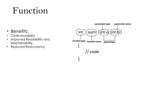 Function
• Benefits:
• Code reusability
• Improved Readability and
Maintainability,
• Reduced Redundancy
 
