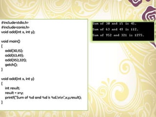#include<stdio.h>
#include<conio.h>
void add(int x, int y);

void main()
{
  add(30,15);
  add(63,49);
  add(952,321);
  getch();
}

void add(int x, int y)
{
  int result;
  result = x+y;
  printf("Sum of %d and %d is %d.nn",x,y,result);
}
 
