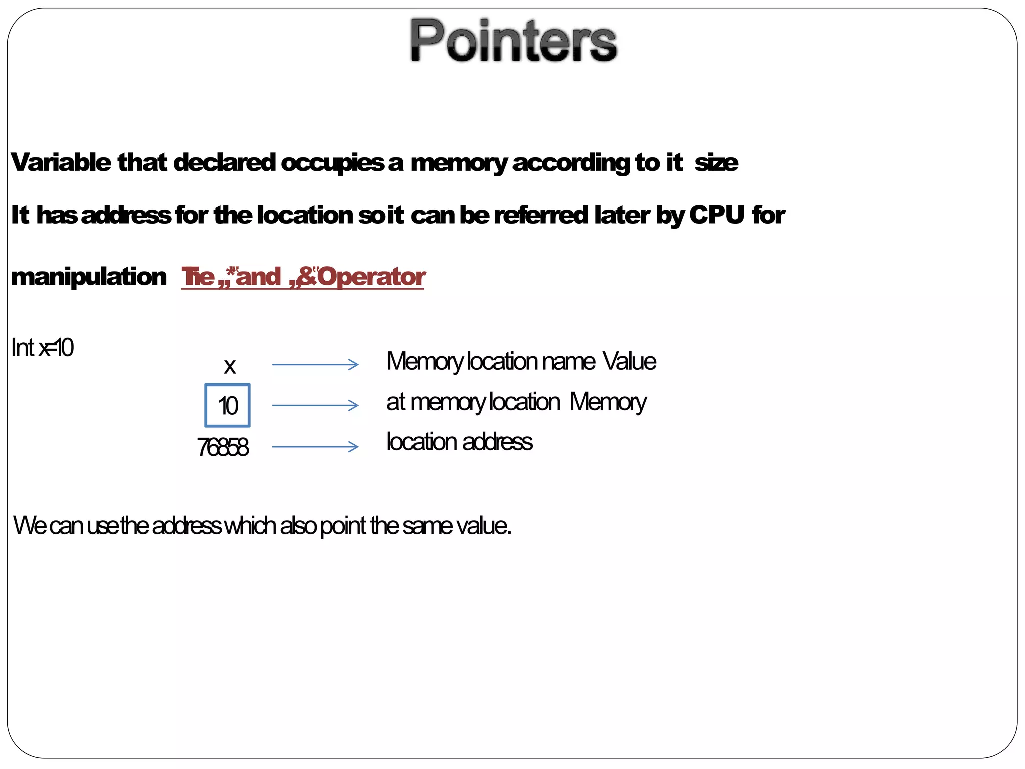 Variable that declaredoccupiesa memoryaccordingto it size
It hasaddressfor thelocationsoit canbereferred later byCPU for
manipulation The„*‟and „&‟Operator
Intx=10
x
10
76858
Memorylocationname Value
at memorylocation Memory
locationaddress
Wecanusetheaddresswhichalsopointthesamevalue.
 
