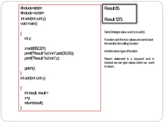 Result85.
Result1273.
#include<stdio.h>
#include<conio.h>
intadd(int x,inty);
voidmain()
{
intz;
z=add(952,321);
printf("Result%d.nn",add(30,55));
printf("Result%d.nn",z);
getch();
}
intadd(int x,inty)
{
intresult; result=
x+y;
return(result);
}
Send2integervaluexandytoadd()
Functionaddthetwovaluesandsendback
theresulttothecalling function
intisthereturntypeoffunction
Return statement is a keyword and in
bracket we can give values which we want
toreturn.
 