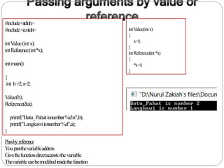 #include<stdio.h>
#include<conio.h>
intValue(int x);
intReference(int*x);
intmain()
{
int b=2;a=2;
Value(b);
Reference(&a);
printf("Batu_Pahatisnumber%dn",b);
printf("Langkawiisnumber%d",a);
}
intValue(intx)
{
x=1;
}
intReference(int*x)
{
*x=1;
}
Passbyreference
Youpassthevariableaddress
Givethefunctiondirectaccesstothevariable
Thevariablecanbemodifiedinsidethefunction
 