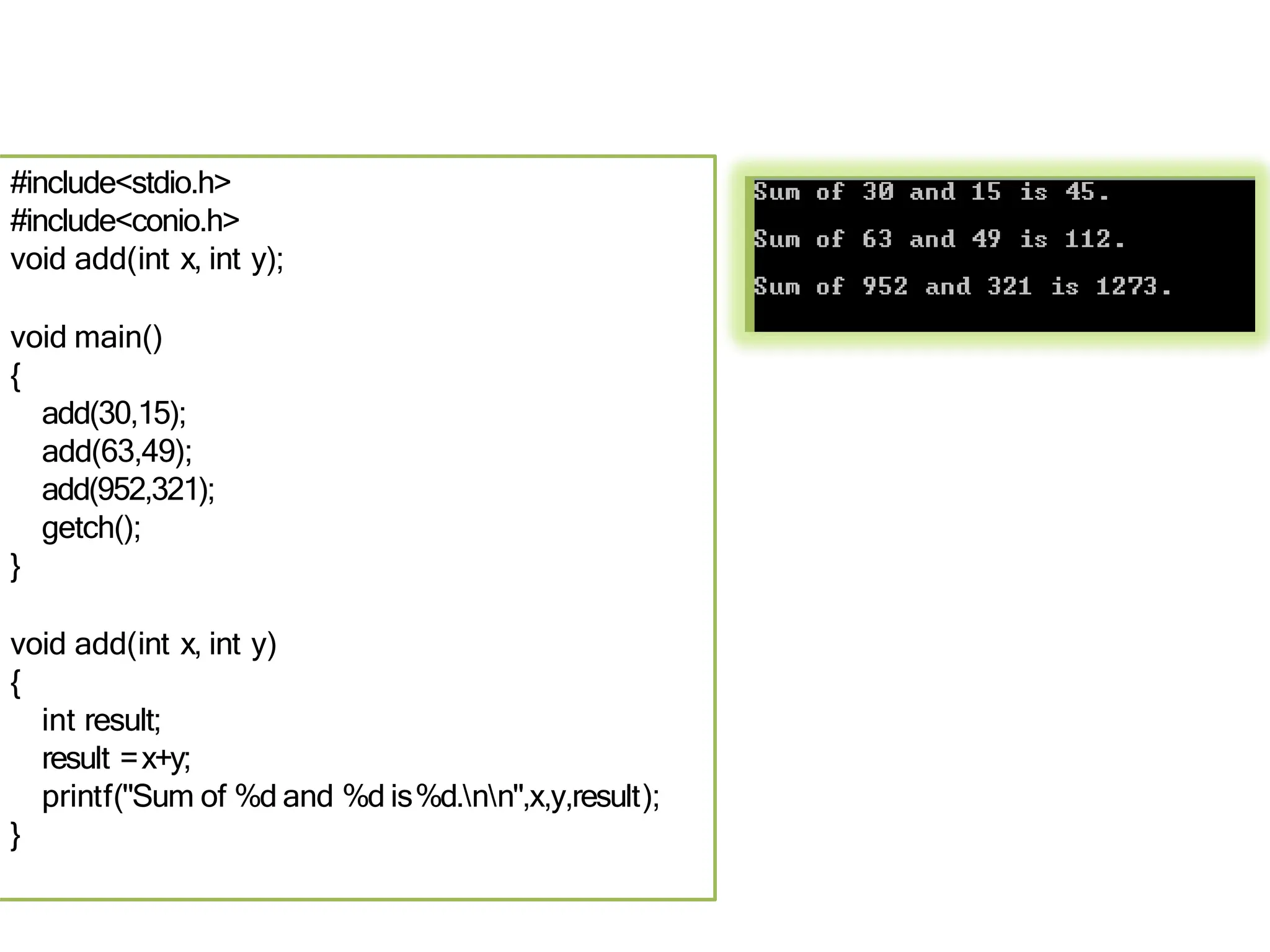 #include<stdio.h>
#include<conio.h>
void add(int x, int y);
void main()
{
add(30,15);
add(63,49);
add(952,321);
getch();
}
void add(int x, int y)
{
int result;
result =x+y;
printf("Sum of %d and %d is%d.nn",x,y,result);
}
 