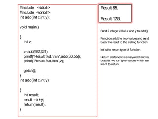Result 85.
Result 1273.
#include <stdio.h>
#include <conio.h>
int add(int x,int y);
void main()
{
int z;
z=add(952,321);
printf("Result %d. nn",add(30,55));
printf("Result %d.nn",z);
getch();
}
int add(int x,int y)
{
int result;
result =x +y;
return(result);
}
Send 2 integer value x and y to add()
Function add the two valuesand send
back the result to the calling function
int isthe return type of function
Return statement isa keyword and in
bracket we can give valueswhich we
want to return.
 