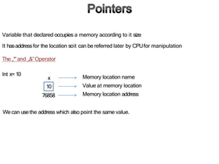 Variable that declared occupies a memory according to it size
It hasaddressfor the location soit can be referred later by CPUfor manipulation
The „*‟and „&‟Operator
Int x=10
x
10
76858
Memory location name
Value at memory location
Memory location address
We can use the address which also point the same value.
 