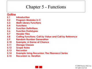 © 2000 Prentice Hall, Inc.
All rights reserved.
Chapter 5 - Functions
Outline
5.1 Introduction
5.2 Program Modules in C
5.3 Math Library Functions
5.4 Functions
5.5 Function Definitions
5.6 Function Prototypes
5.7 Header Files
5.8 Calling Functions: Call by Value and Call by Reference
5.9 Random Number Generation
5.10 Example: A Game of Chance
5.11 Storage Classes
5.12 Scope Rules
5.13 Recursion
5.14 Example Using Recursion: The Fibonacci Series
5.15 Recursion vs. Iteration
 