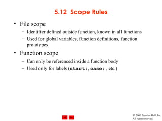 © 2000 Prentice Hall, Inc.
All rights reserved.
5.12 Scope Rules
• File scope
– Identifier defined outside function, known in all functions
– Used for global variables, function definitions, function
prototypes
• Function scope
– Can only be referenced inside a function body
– Used only for labels (start:, case: , etc.)
 