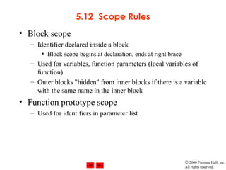 © 2000 Prentice Hall, Inc.
All rights reserved.
5.12 Scope Rules
• Block scope
– Identifier declared inside a block
• Block scope begins at declaration, ends at right brace
– Used for variables, function parameters (local variables of
function)
– Outer blocks "hidden" from inner blocks if there is a variable
with the same name in the inner block
• Function prototype scope
– Used for identifiers in parameter list
 