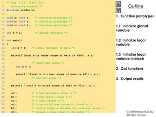 © 2000 Prentice Hall, Inc.
All rights reserved.
OutlineOutline
1. Function prototypes
1.1 Initialize global
variable
1.2 Initialize local
variable
1.3 Initialize local
variable in block
2. Call functions
3. Output results
1 /* Fig. 5.12: fig05_12.c
2 A scoping example */
3 #include <stdio.h>
4
5 void a( void ); /* function prototype */
6 void b( void ); /* function prototype */
7 void c( void ); /* function prototype */
8
9 int x = 1; /* global variable */
10
11 int main()
12 {
13 int x = 5; /* local variable to main */
14
15 printf("local x in outer scope of main is %dn", x );
16
17 { /* start new scope */
18 int x = 7;
19
20 printf( "local x in inner scope of main is %dn", x );
21 } /* end new scope */
22
23 printf( "local x in outer scope of main is %dn", x );
24
25 a(); /* a has automatic local x */
26 b(); /* b has static local x */
27 c(); /* c uses global x */
28 a(); /* a reinitializes automatic local x */
29 b(); /* static local x retains its previous value */
30 c(); /* global x also retains its value */
 