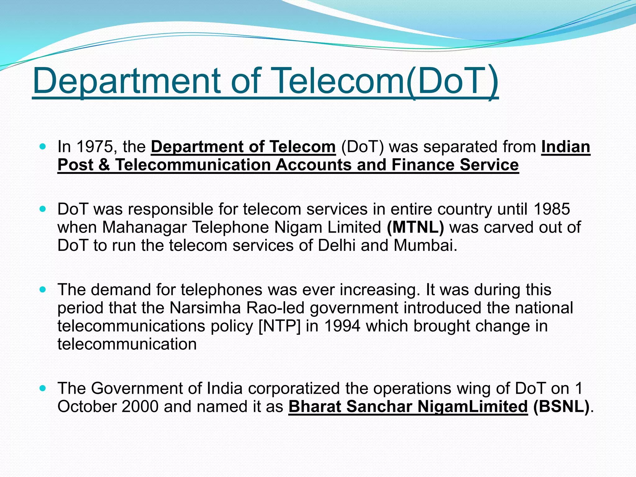 ContinuedOct-2002	BSNL entered in to GSM cellular operationw.e.f 19th October, 2002. Made incoming 		call free & initiated tariff equalization process          	tariff for GSM cellular mobiles reduced.Nov 2003	Unified Access (Basic & Cellular) Service 	License (USAL) introduced as a first step		towards Unified License Regime Technology            	 neutral and allows provisioning any kind of 	serviceApr 2004	License fee reduced by 2% across the board                                                   	for all the access licenses