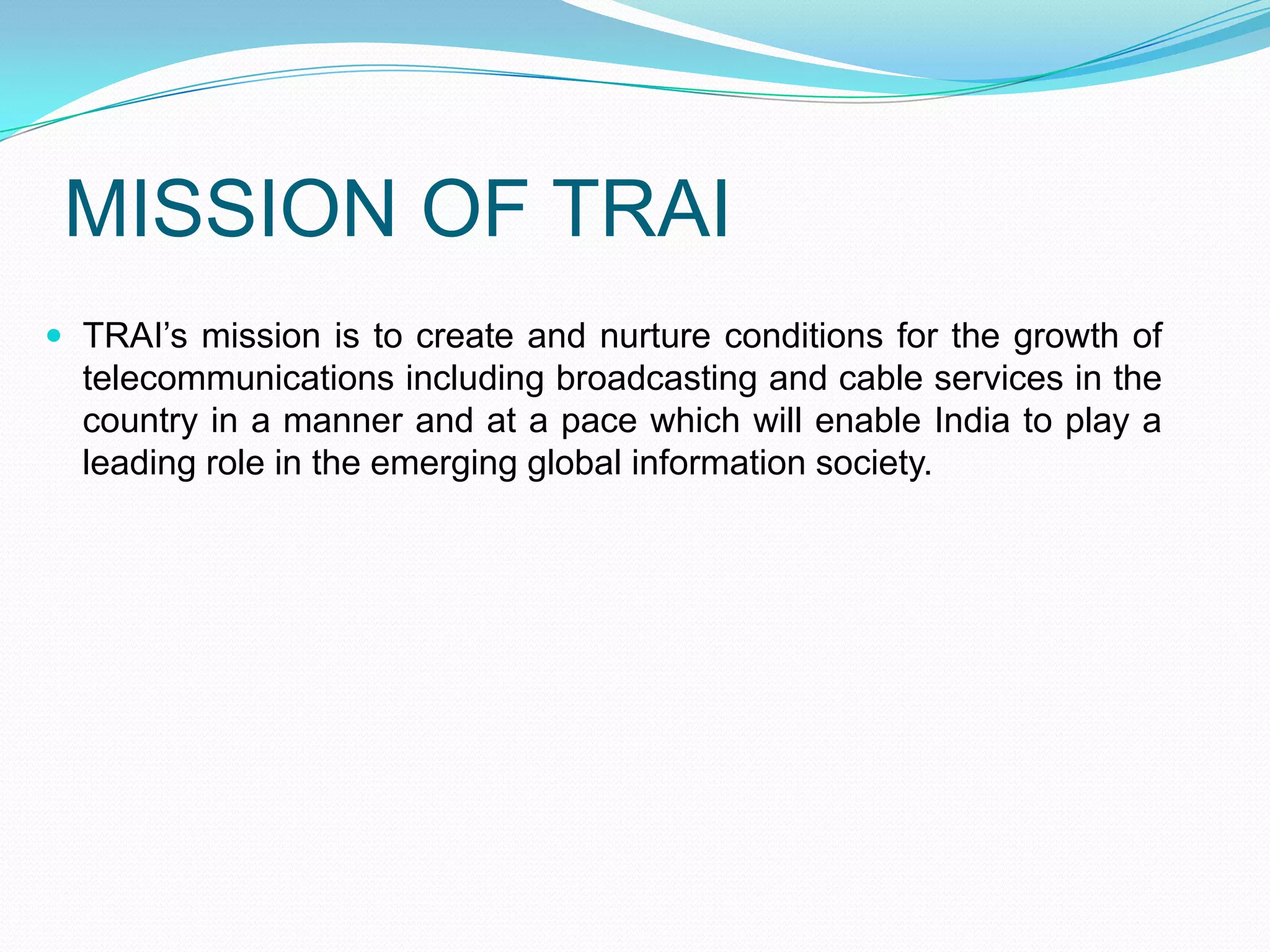 Indian Telecom Industry Framework.Indian Government BodiesIndependent BodiesThey formulate various policies and pass laws to regulate the telecom industry in India.They undertake various research activities and monitor the quality of service provided in the Indian telecom industry. They also provide various recommendations to improve the status of telecom operations in India.Handles spectrum allocation and managementWireless Planning and Coordination (WPC)Telecom Regulatory Authority of India (TRAI)Independent regulatory bodyDepartment of Telecommunicati-onsDoT – Licensee and frequency management for telecomTelecom Disputes Settlement and Appellate Tribunal (TDSAT)Telecom disputes settlement bodyTelecom CommissionExclusive policy making body of DoT