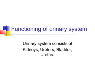 Functioning of urinary system
Urinary system consists of
Kidneys, Ureters, Bladder,
Urethra
 