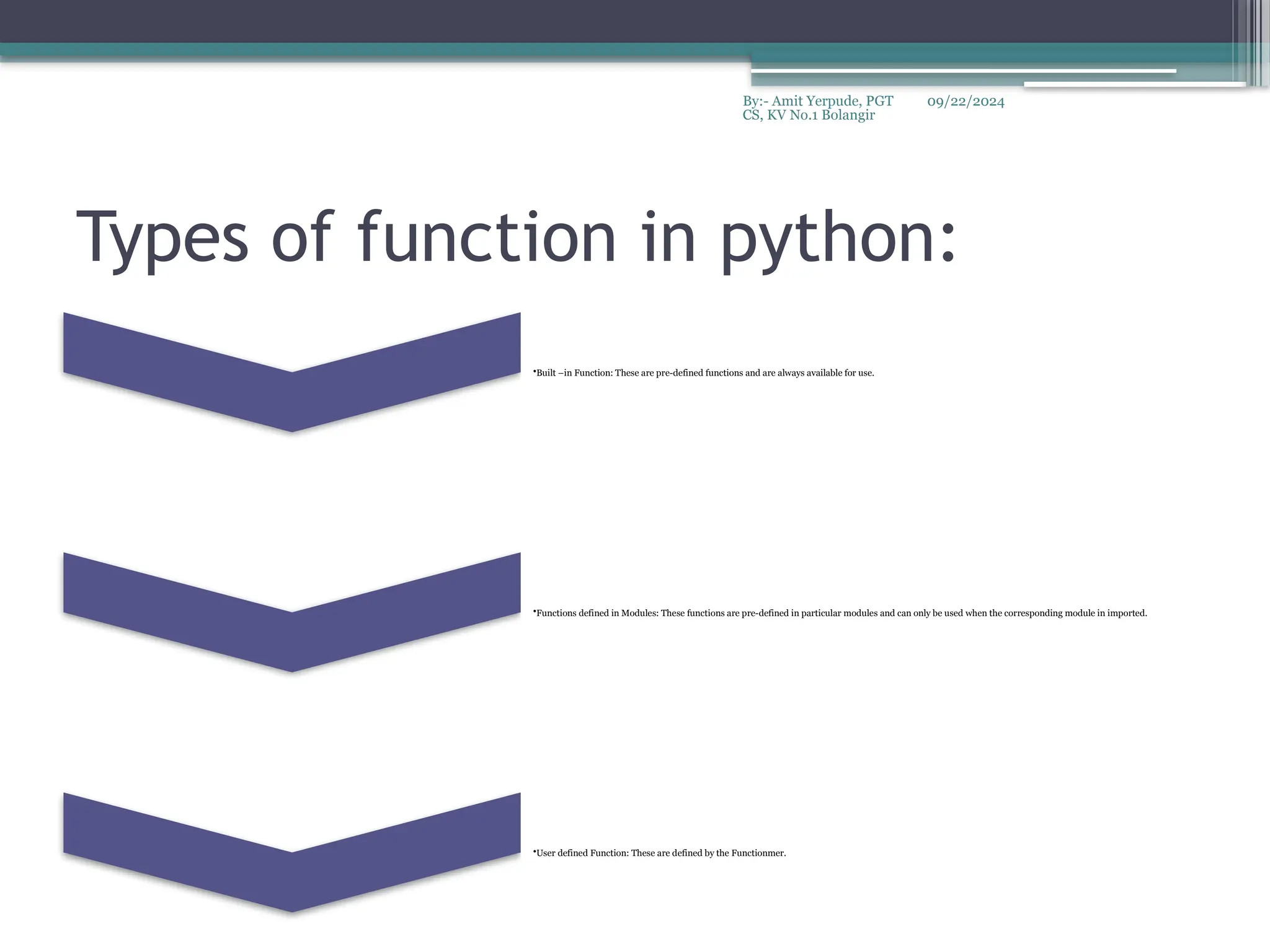 09/22/2024
By:- Amit Yerpude, PGT
CS, KV No.1 Bolangir
Types of function in python:
•Built –in Function: These are pre-defined functions and are always available for use.
•Functions defined in Modules: These functions are pre-defined in particular modules and can only be used when the corresponding module in imported.
•User defined Function: These are defined by the Functionmer.
 