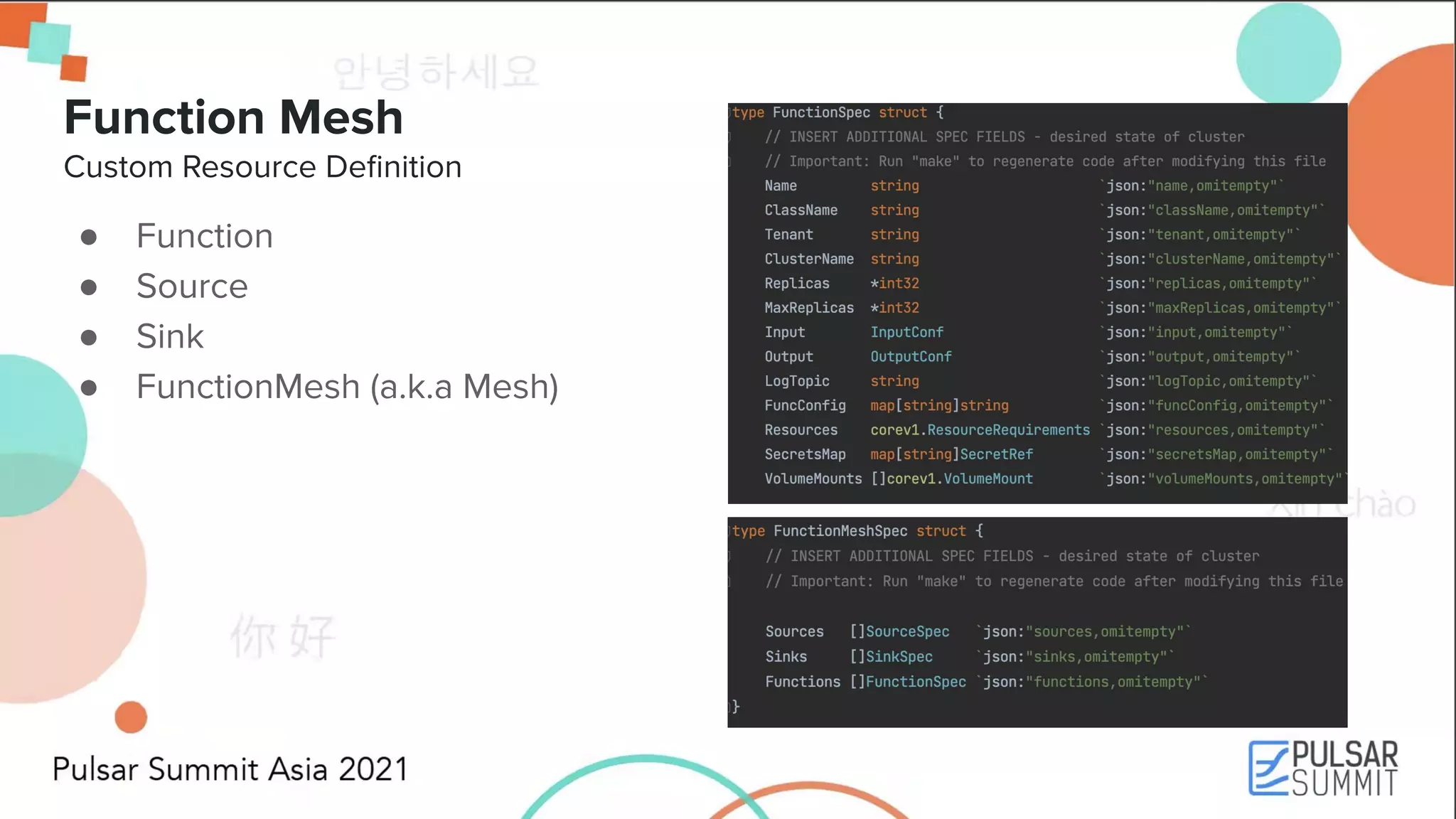 Function Mesh Custom Resource Deﬁnition ● Function ● Source ● Sink ● FunctionMesh (a.k.a Mesh) 