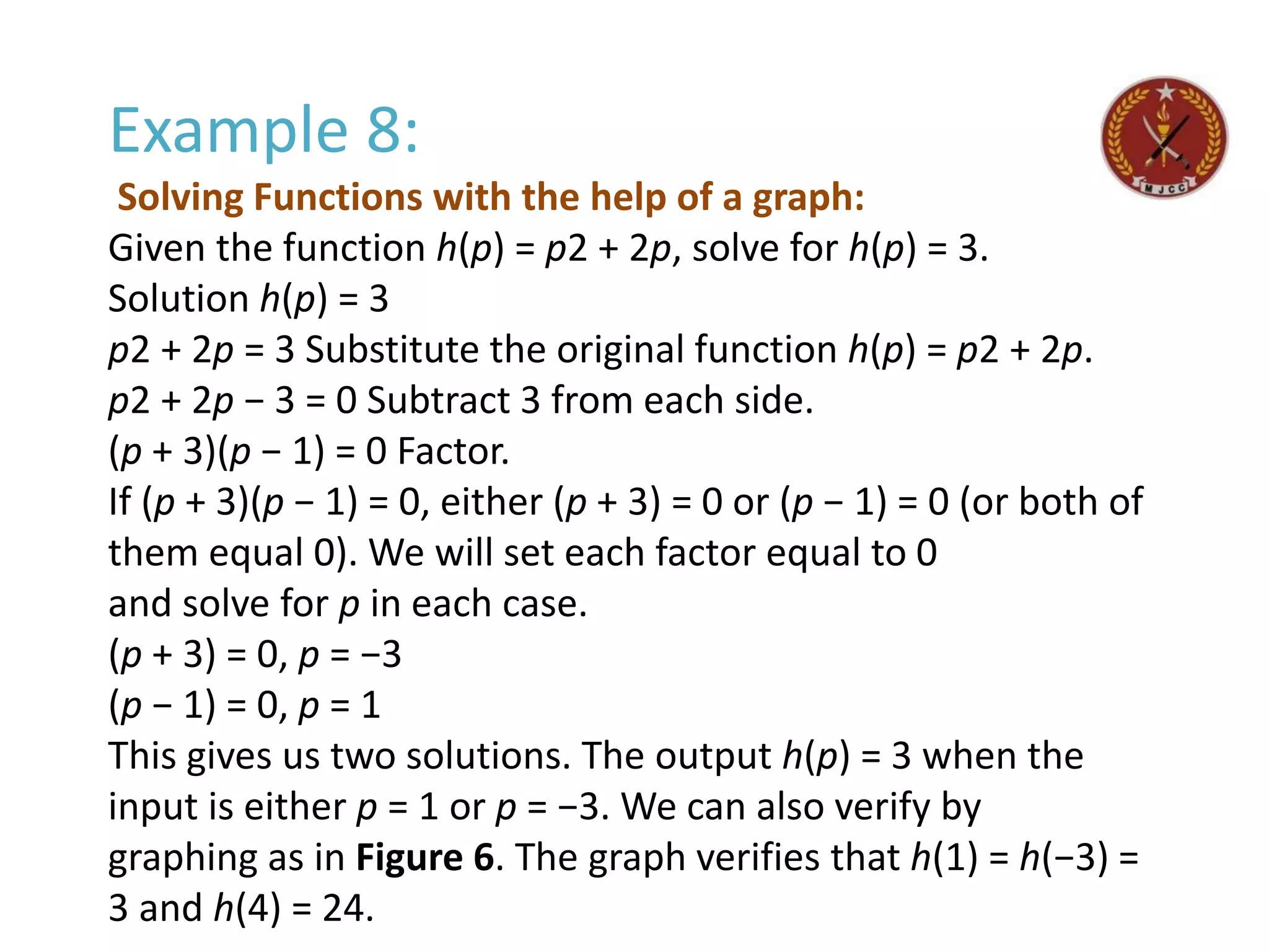 Example 8:
Solving Functions with the help of a graph:
Given the function h(p) = p2 + 2p, solve for h(p) = 3.
Solution h(p) = 3
p2 + 2p = 3 Substitute the original function h(p) = p2 + 2p.
p2 + 2p − 3 = 0 Subtract 3 from each side.
(p + 3)(p − 1) = 0 Factor.
If (p + 3)(p − 1) = 0, either (p + 3) = 0 or (p − 1) = 0 (or both of
them equal 0). We will set each factor equal to 0
and solve for p in each case.
(p + 3) = 0, p = −3
(p − 1) = 0, p = 1
This gives us two solutions. The output h(p) = 3 when the
input is either p = 1 or p = −3. We can also verify by
graphing as in Figure 6. The graph verifies that h(1) = h(−3) =
3 and h(4) = 24.
 