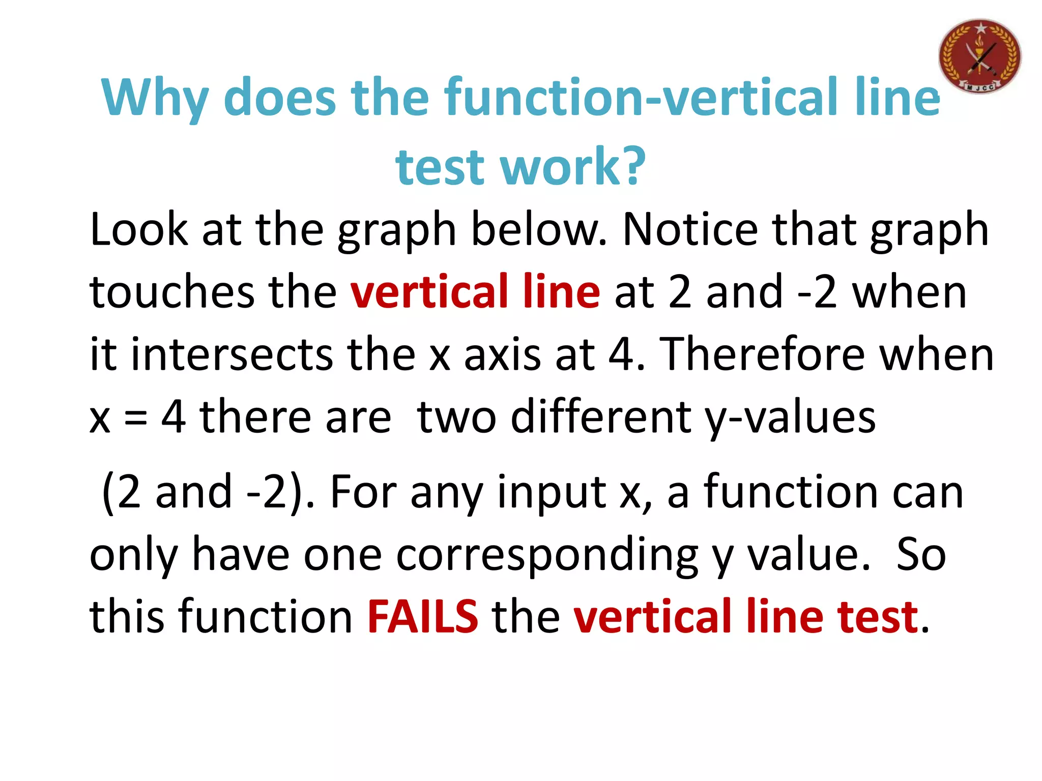 Why does the function-vertical line
test work?
Look at the graph below. Notice that graph
touches the vertical line at 2 and -2 when
it intersects the x axis at 4. Therefore when
x = 4 there are two different y-values
(2 and -2). For any input x, a function can
only have one corresponding y value. So
this function FAILS the vertical line test.
 